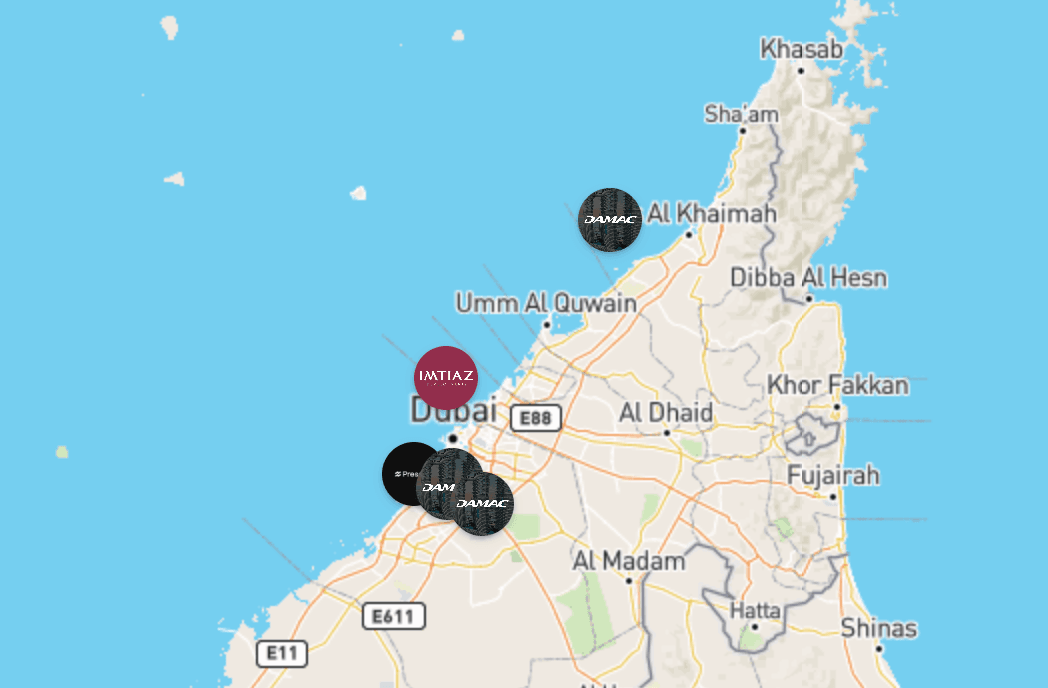 Photo de la carte de tous les projets mis en avant par PGM Real Estate Dubaï - PGM Real Estate Dubaï - pgmrealestatedubai.com